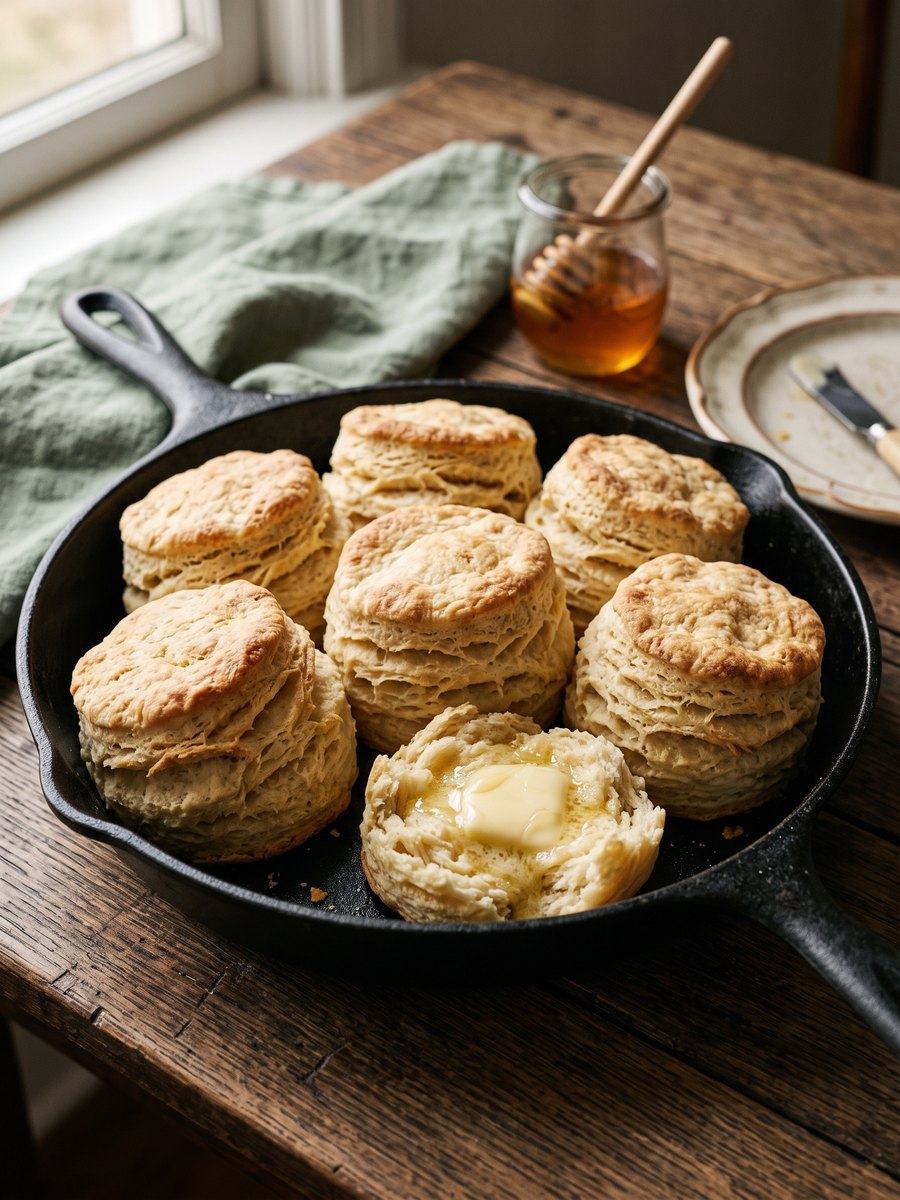 Six tall, golden-brown buttermilk biscuits baked closely together in a black cast iron skillet resting on a wooden cutting board.